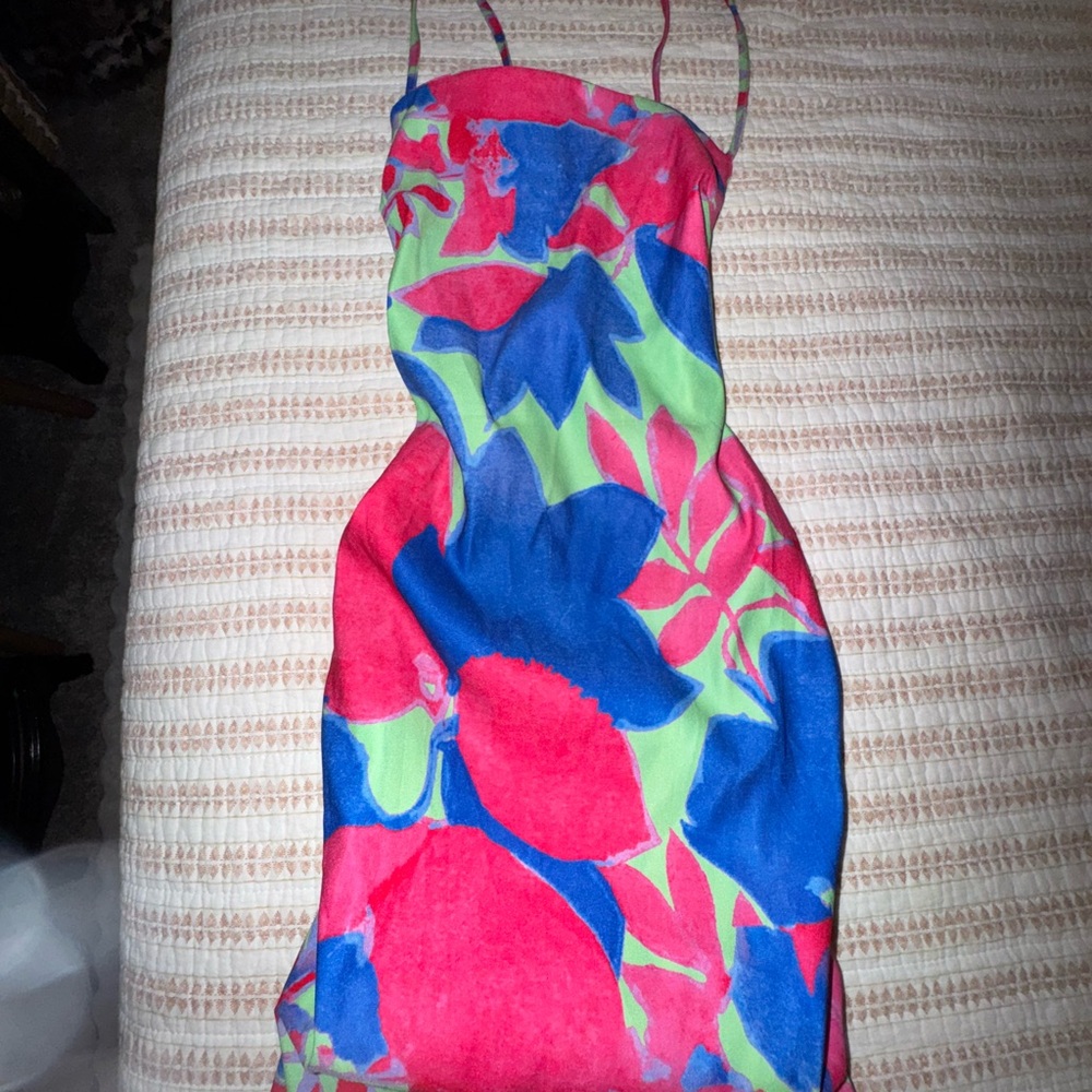 ASOS Strapless Dress in Red, Blue, and Green